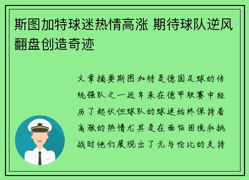 斯图加特球迷热情高涨 期待球队逆风翻盘创造奇迹