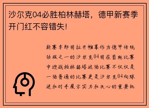 沙尔克04必胜柏林赫塔，德甲新赛季开门红不容错失!