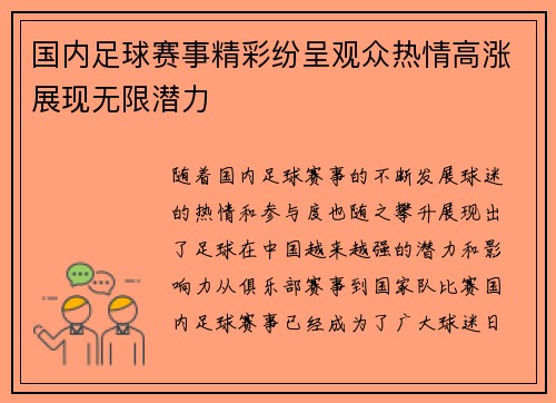 国内足球赛事精彩纷呈观众热情高涨展现无限潜力