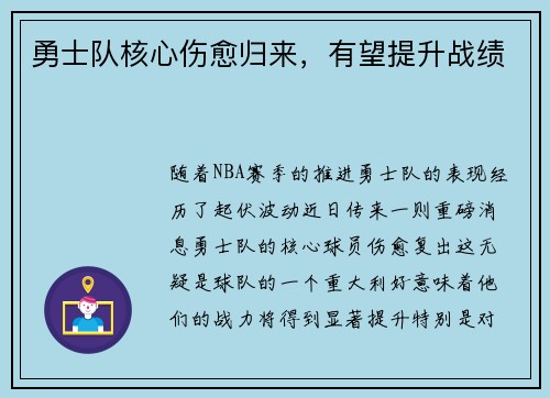 勇士队核心伤愈归来，有望提升战绩