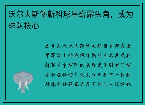 沃尔夫斯堡新科球星崭露头角，成为球队核心