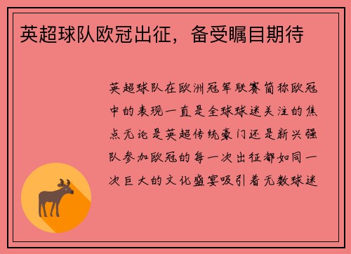 英超球队欧冠出征，备受瞩目期待