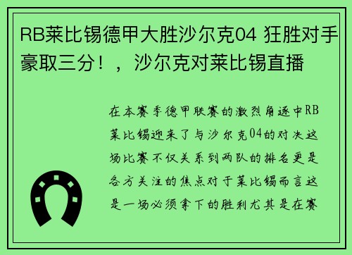 RB莱比锡德甲大胜沙尔克04 狂胜对手豪取三分！，沙尔克对莱比锡直播