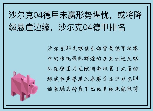 沙尔克04德甲未赢形势堪忧，或将降级悬崖边缘，沙尔克04德甲排名