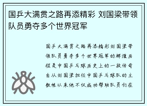 国乒大满贯之路再添精彩 刘国梁带领队员勇夺多个世界冠军