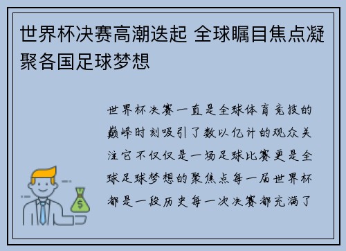 世界杯决赛高潮迭起 全球瞩目焦点凝聚各国足球梦想
