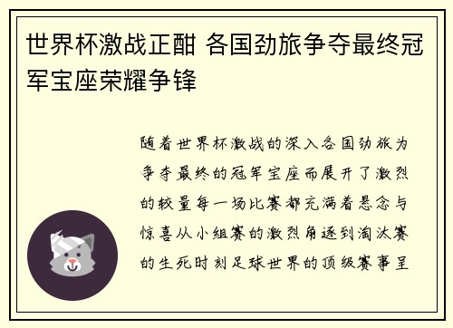 世界杯激战正酣 各国劲旅争夺最终冠军宝座荣耀争锋