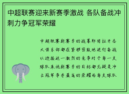 中超联赛迎来新赛季激战 各队备战冲刺力争冠军荣耀