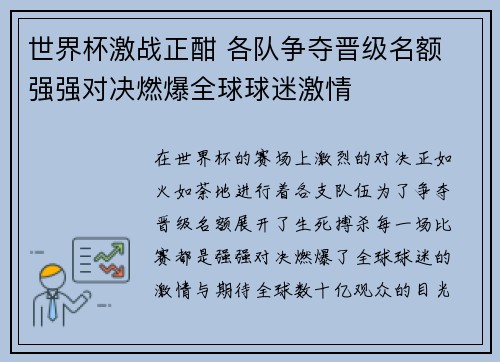 世界杯激战正酣 各队争夺晋级名额 强强对决燃爆全球球迷激情